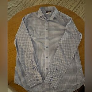 Thomas Dean Blue and White Checkered Dress Shirt